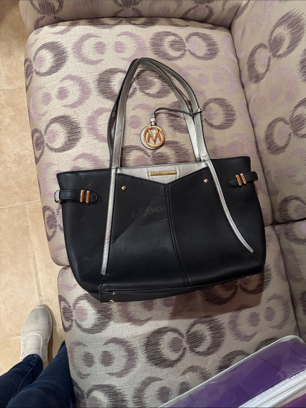 Mia K Collection Black Tote with Silver Trim and MK Logo Charm